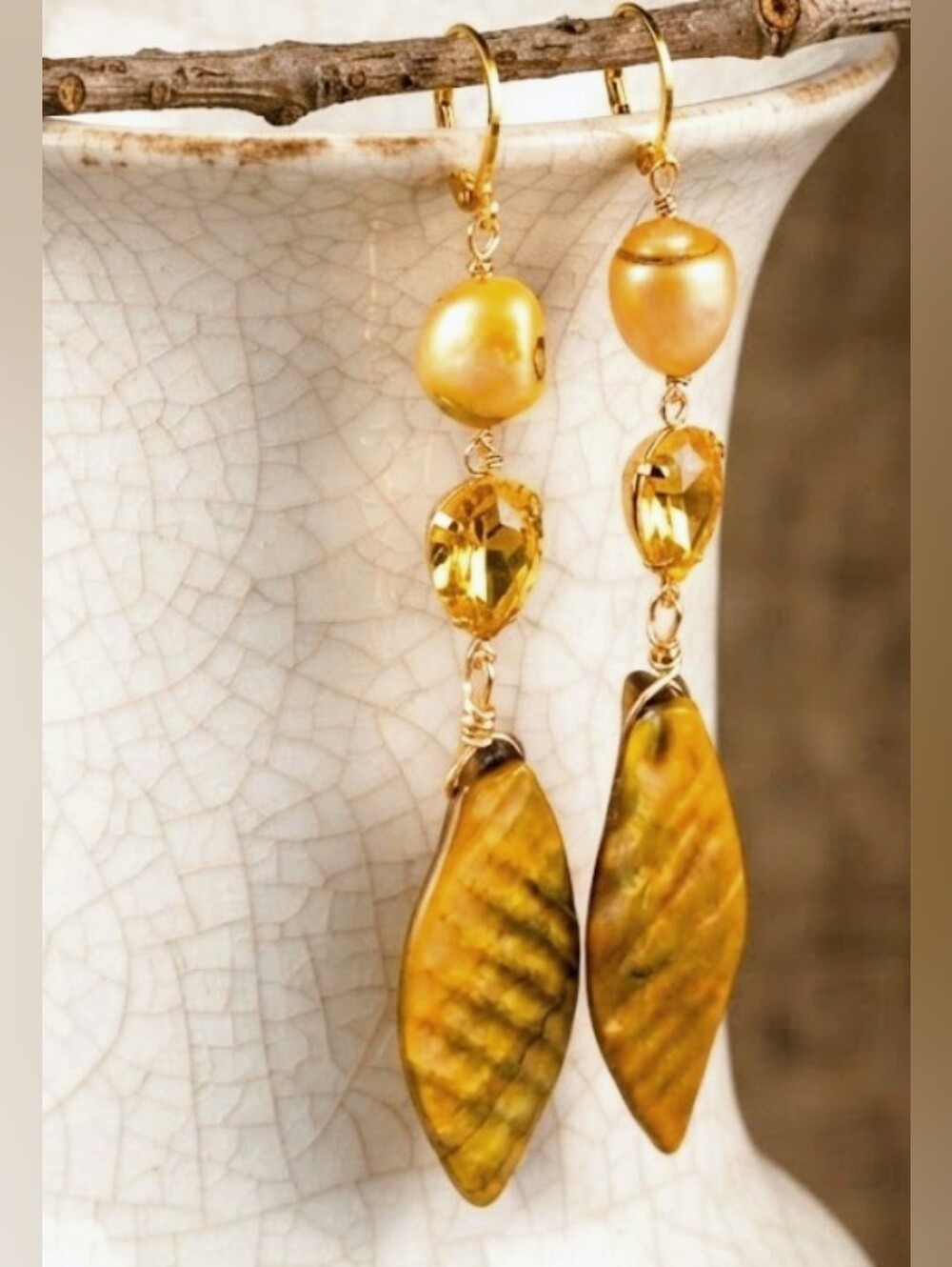 Golden Yellow Mother Of Pearl & Austrian Crystal In Long Luxury Artisan Earrings